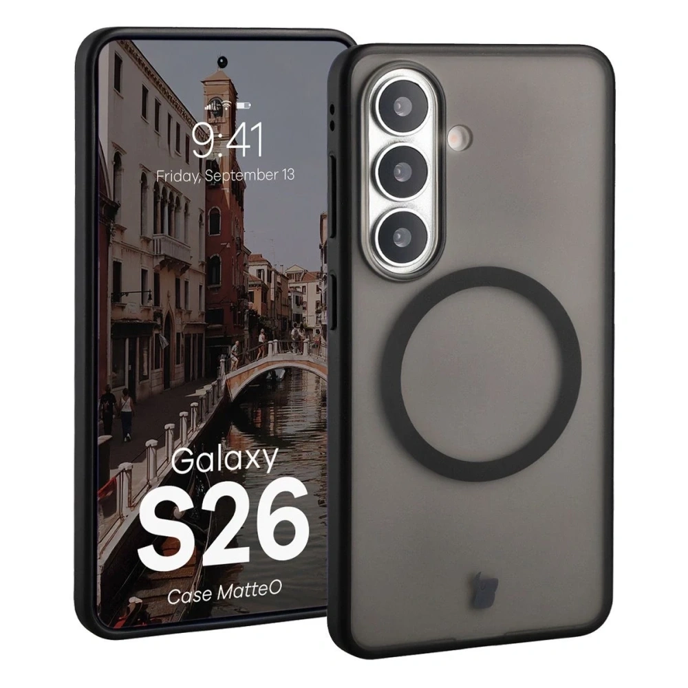 Etui z pierścieniem magnetycznym Bizon Case MatteO do Samsung Galaxy S26 przydymione-czarne