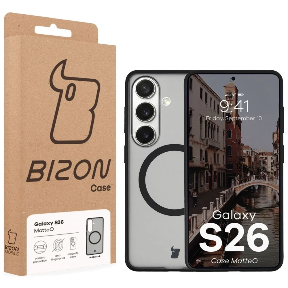 Etui z pierścieniem magnetycznym Bizon Case MatteO do Samsung Galaxy S26 przydymione-czarne