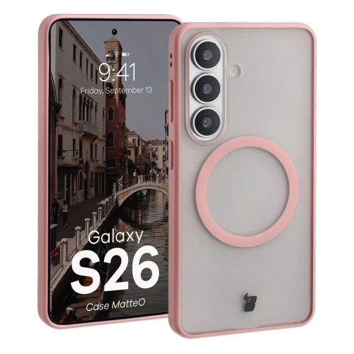 Etui z pierścieniem magnetycznym Bizon Case MatteO do Samsung Galaxy S26 przydymione-jasnoróżowe