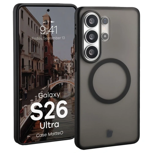 Etui z pierścieniem magnetycznym Bizon Case MatteO do Samsung Galaxy S26 Ultra przydymione-czarne