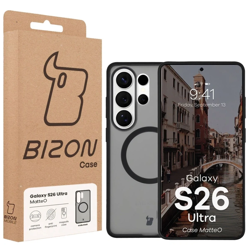 Etui z pierścieniem magnetycznym Bizon Case MatteO do Samsung Galaxy S26 Ultra przydymione-czarne