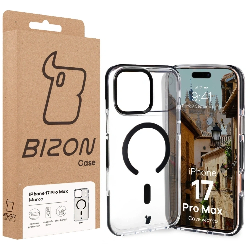 Etui z pierścieniem magnetycznym Bizon Case Marco do Apple iPhone 17 Pro Max przezroczyste z czarną ramką