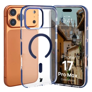Etui z pierścieniem magnetycznym Bizon Case Marco do Apple iPhone 17 Pro Max przezroczyste z niebieską ramką