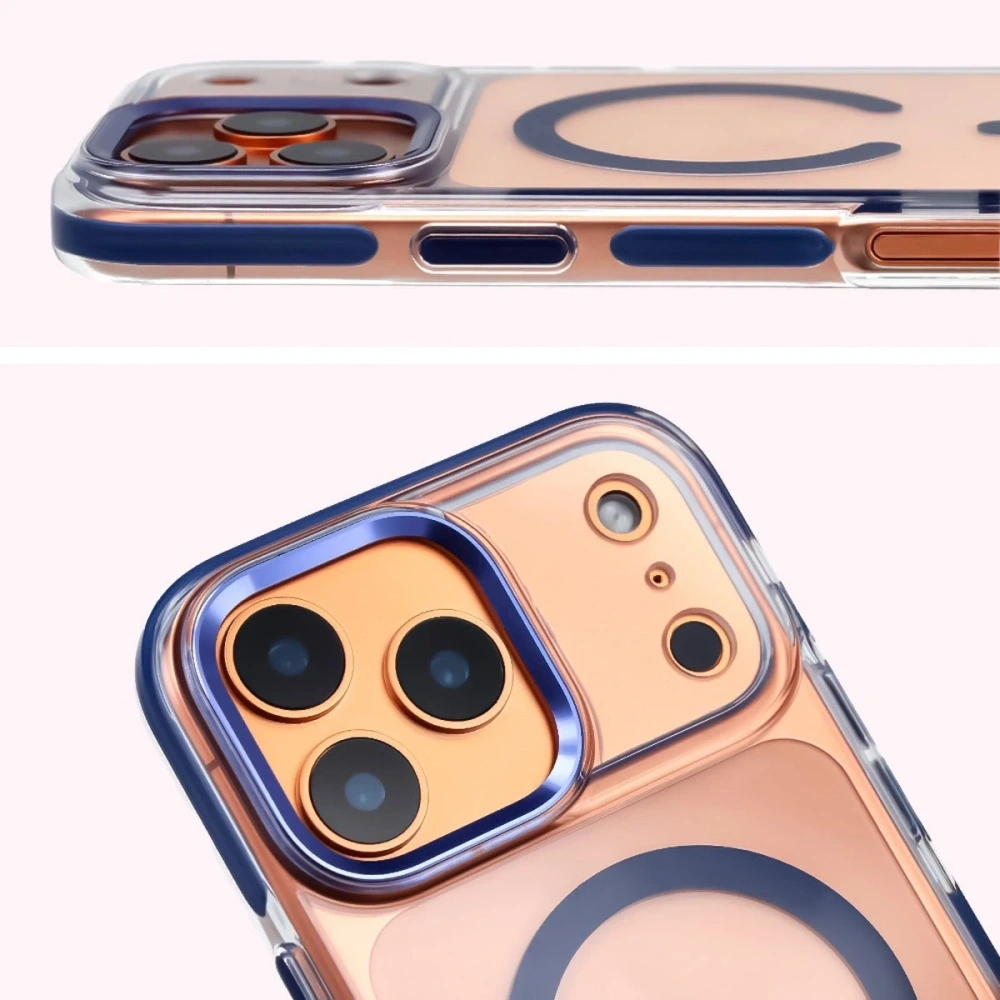 Etui z pierścieniem magnetycznym Bizon Case Marco do Apple iPhone 17 Pro Max przezroczyste z niebieską ramką