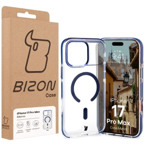 Etui z pierścieniem magnetycznym Bizon Case Marco do Apple iPhone 17 Pro Max przezroczyste z niebieską ramką