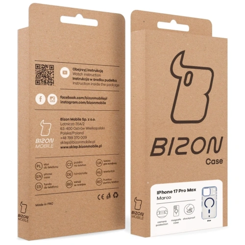 Etui z pierścieniem magnetycznym Bizon Case Marco do Apple iPhone 17 Pro Max przezroczyste z niebieską ramką