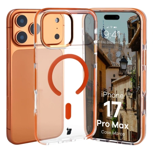 Etui z pierścieniem magnetycznym Bizon Case Marco do Apple iPhone 17 Pro Max przezroczyste z pomarańczową ramką
