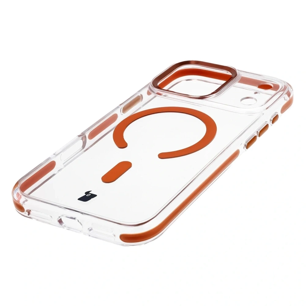 Etui z pierścieniem magnetycznym Bizon Case Marco do Apple iPhone 17 Pro Max przezroczyste z pomarańczową ramką