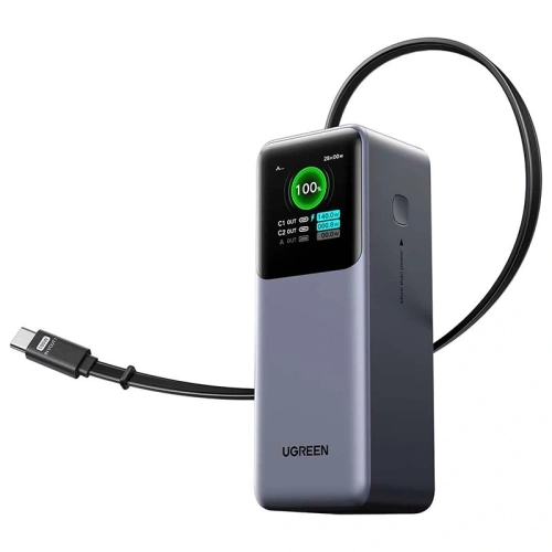 Powerbank 20000mAh UGREEN PB726 USB + USB-C 165W ze zwijanym kablem (szary)