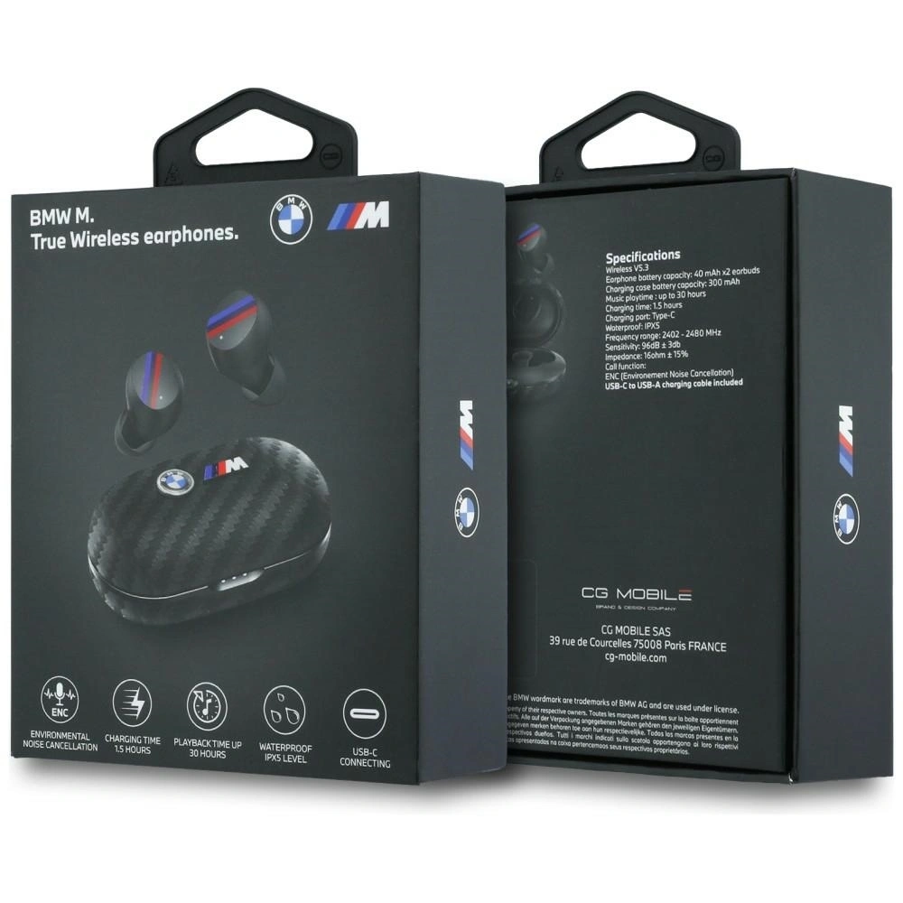 Bezprzewodowe słuchawki dokanałowe Bluetooth TWS BMW Carbon Metal Logo ENC czarny