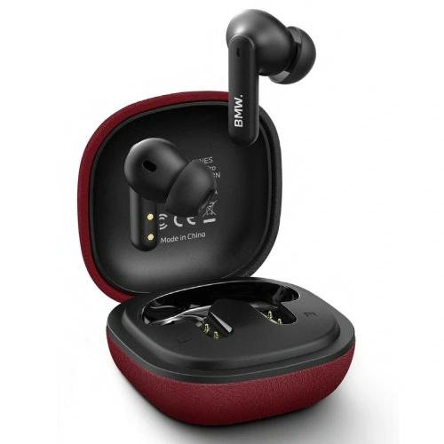 Bezprzewodowe słuchawki dokanałowe Bluetooth TWS BMW Leather Metal Logo ENC czerwony