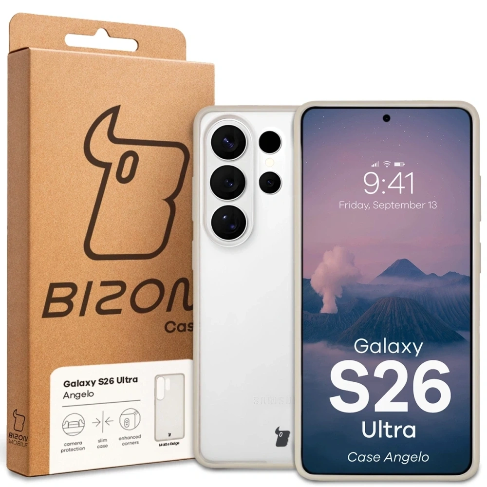 Etui Bizon Case Angelo do Samsung Galaxy S26 Ultra półprzezroczyste z beżową ramką