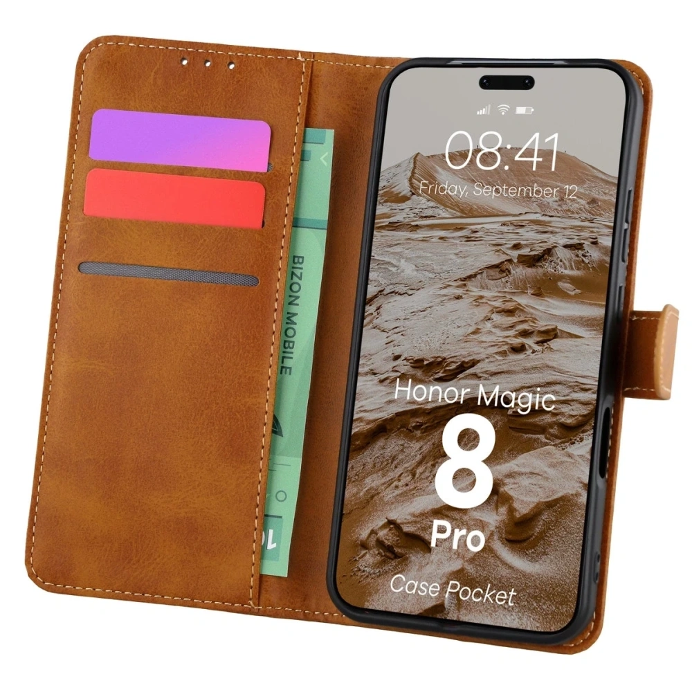 Etui z klapką Bizon Case Pocket do Honor Magic8 Pro brązowe