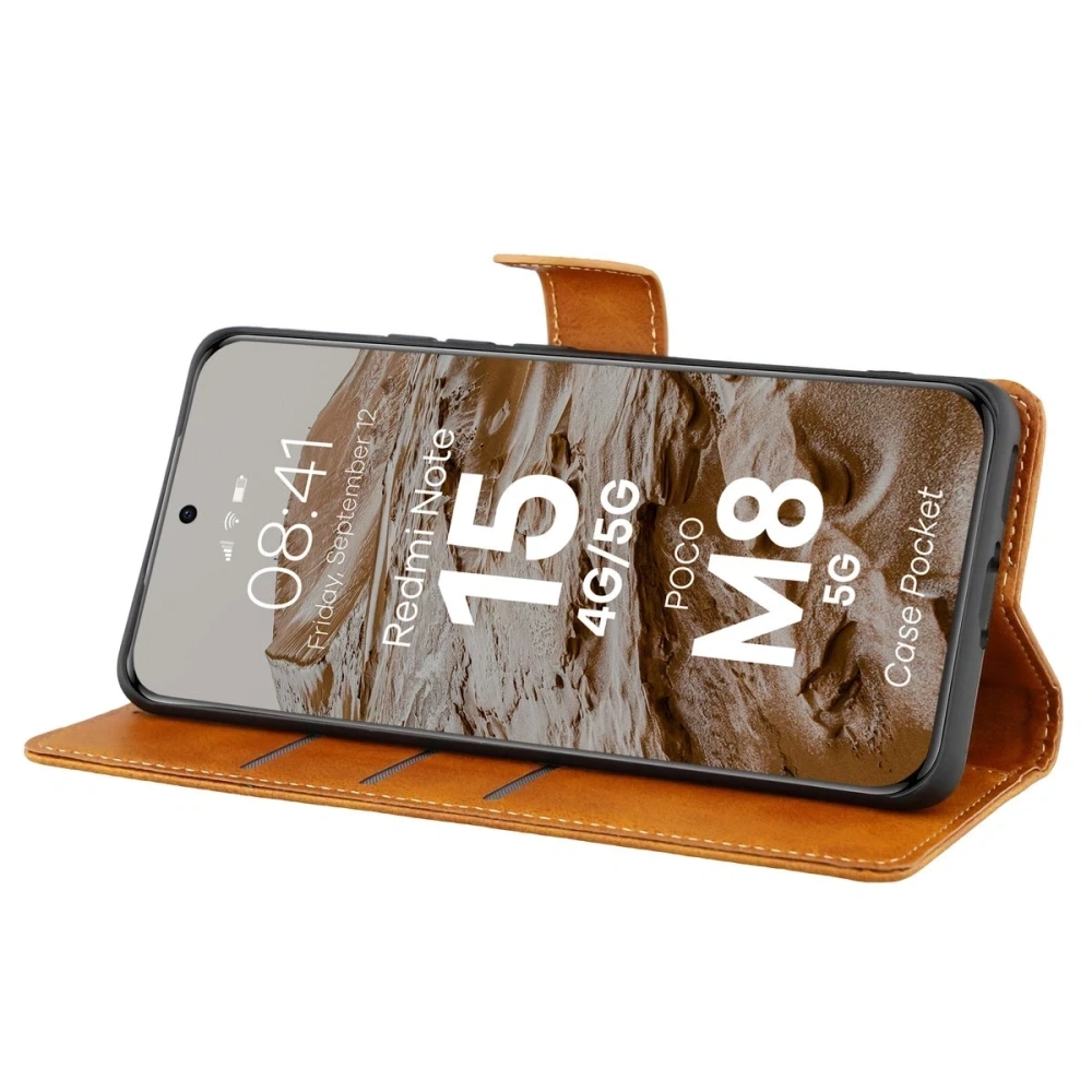 Etui z klapką Bizon Case Pocket do Xiaomi Redmi Note 15 / POCO M8 5G brązowe