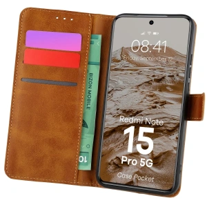 Etui z klapką Bizon Case Pocket do Xiaomi Redmi Note 15 Pro 5G brązowe