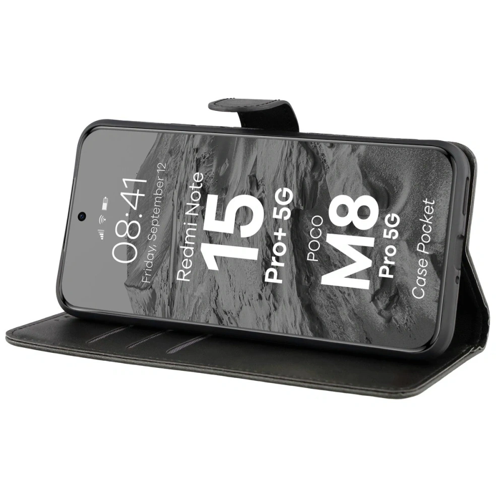 Etui z klapką Bizon Case Pocket do Xiaomi Redmi Note 15 Pro+ Plus 5G / POCO M8 Pro 5G czarne