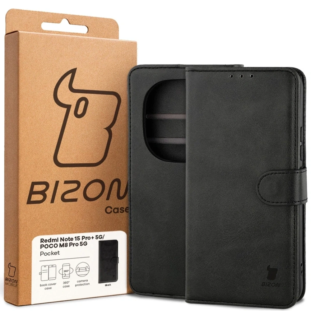 Etui z klapką Bizon Case Pocket do Xiaomi Redmi Note 15 Pro+ Plus 5G / POCO M8 Pro 5G czarne
