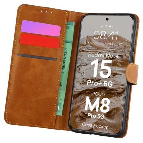 Etui z klapką Bizon Case Pocket do Xiaomi Redmi Note 15 Pro+ Plus 5G / POCO M8 Pro 5G brązowe