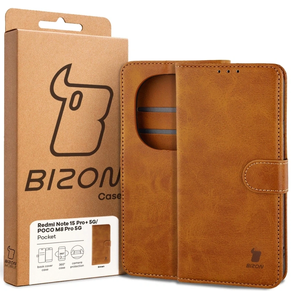 Etui z klapką Bizon Case Pocket do Xiaomi Redmi Note 15 Pro+ Plus 5G / POCO M8 Pro 5G brązowe