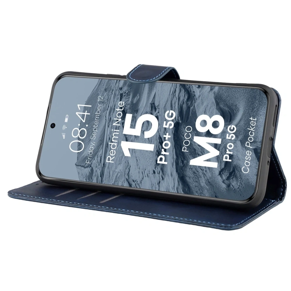 Etui z klapką Bizon Case Pocket do Xiaomi Redmi Note 15 Pro+ Plus 5G / POCO M8 Pro 5G granatowe