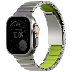 Pasek UNIQ Strova Flex do Apple Watch 44/45/46/49mm Series 1/2/3/4/5/6/7/8/9/10/11/SE/SE2/SE3/Ultra/Ultra 2/Ultra 3 srebrno limonkowy