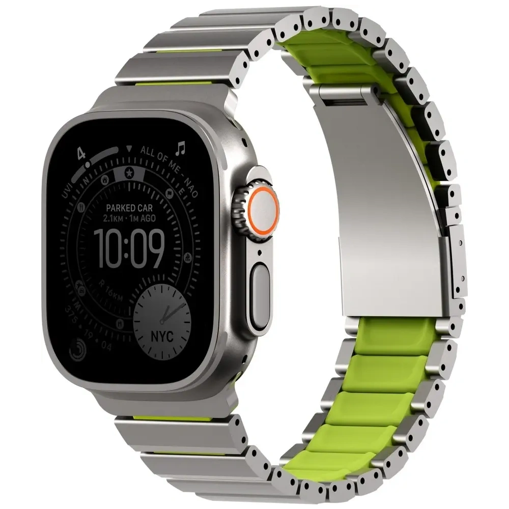 Pasek UNIQ Strova Flex do Apple Watch 44/45/46/49mm Series 1/2/3/4/5/6/7/8/9/10/11/SE/SE2/SE3/Ultra/Ultra 2/Ultra 3 srebrno limonkowy