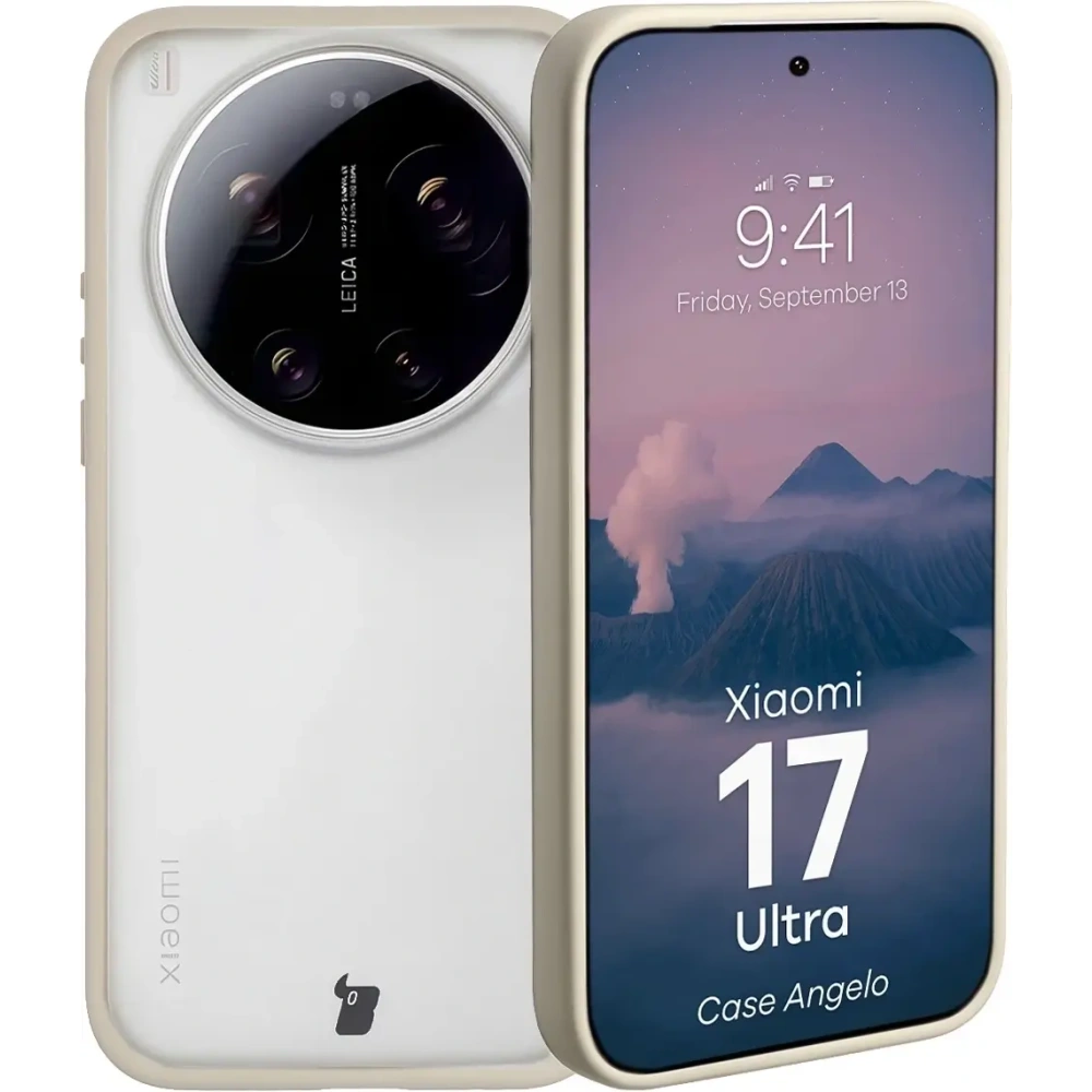Etui Bizon Case Angelo do Xiaomi 17 Ultra półprzezroczyste z beżową ramką