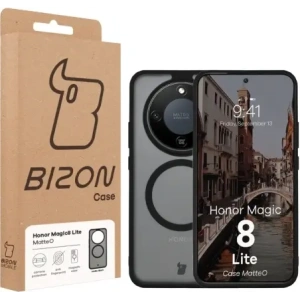 Etui z pierścieniem magnetycznym + szkło hartowane Bizon MatteO Pack do Honor Magic8 Lite przydymione-czarne