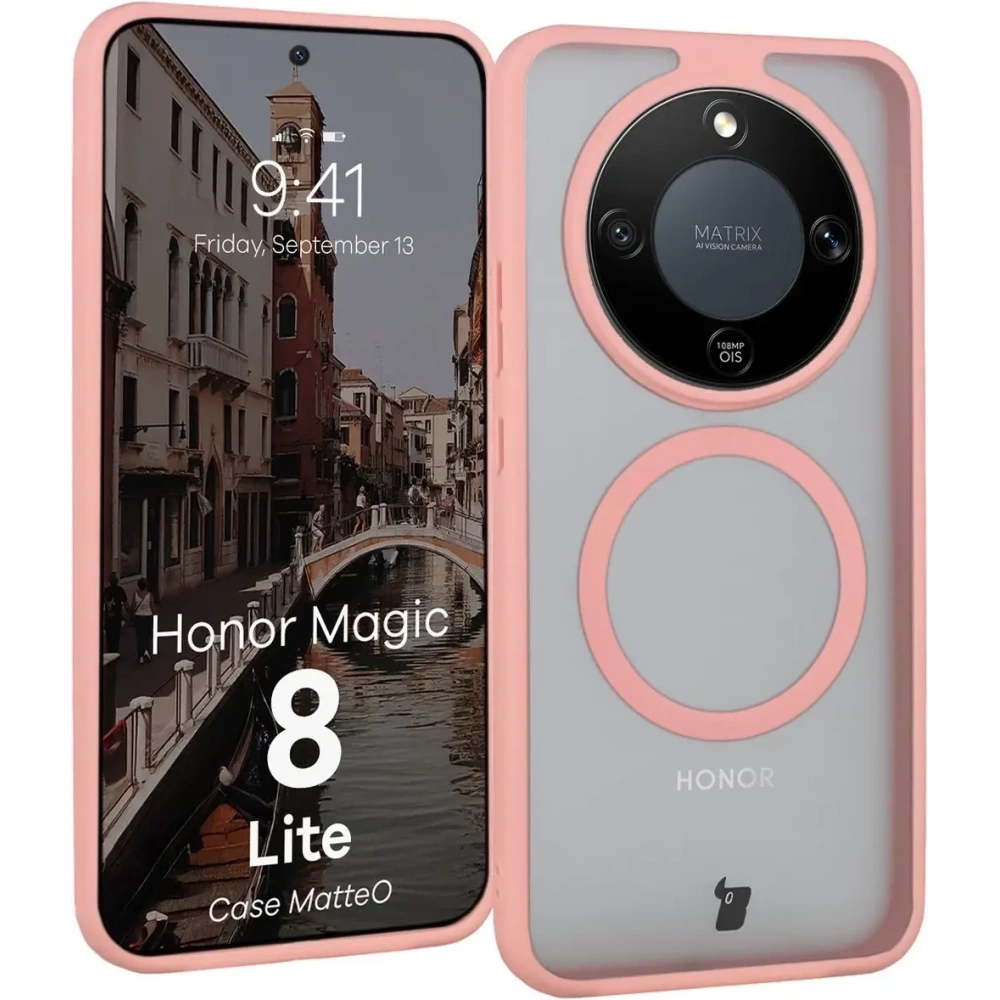 Etui z pierścieniem magnetycznym + szkło hartowane Bizon MatteO Pack do Honor Magic8 Lite przydymione-jasnoróżowe