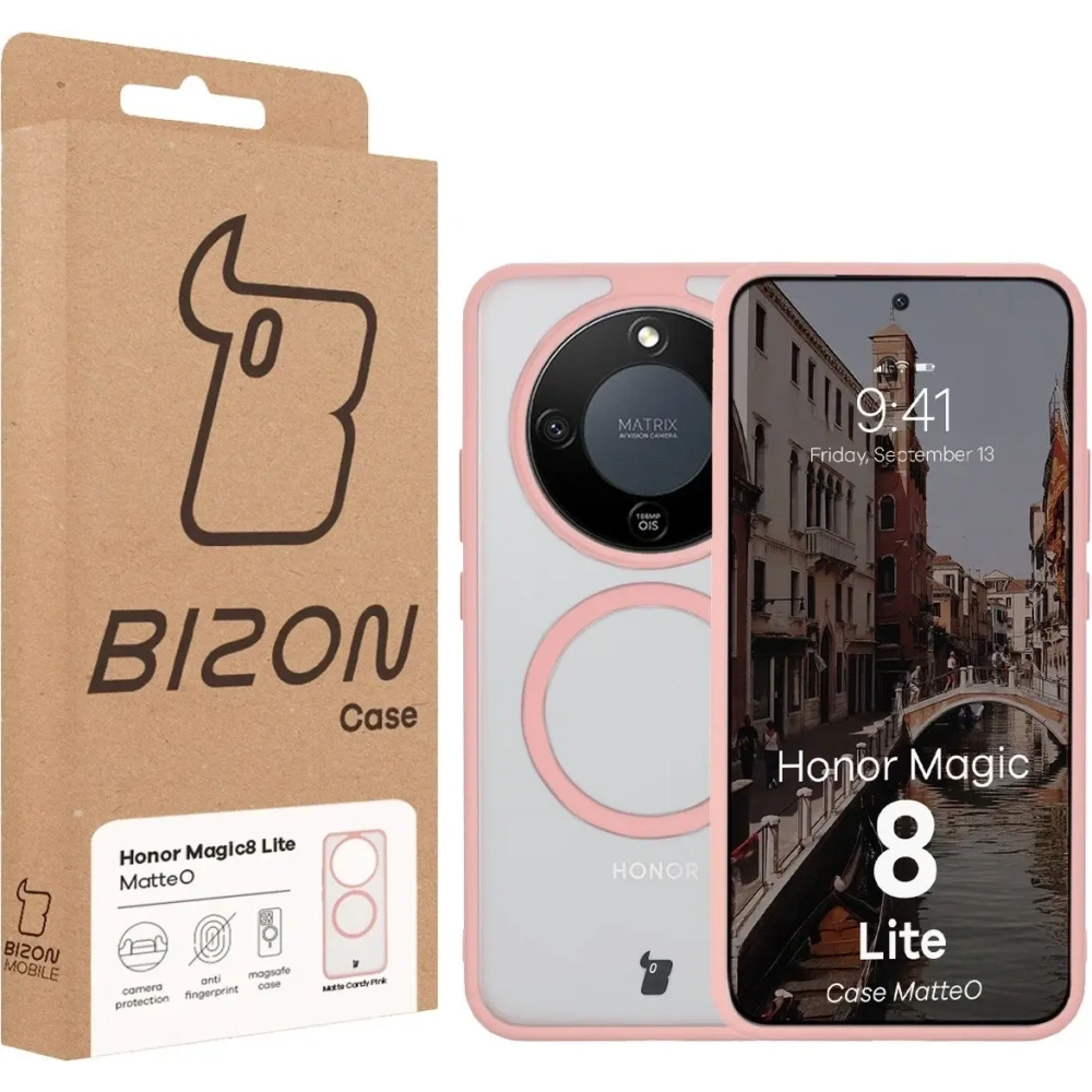 Etui z pierścieniem magnetycznym + szkło hartowane Bizon MatteO Pack do Honor Magic8 Lite przydymione-jasnoróżowe