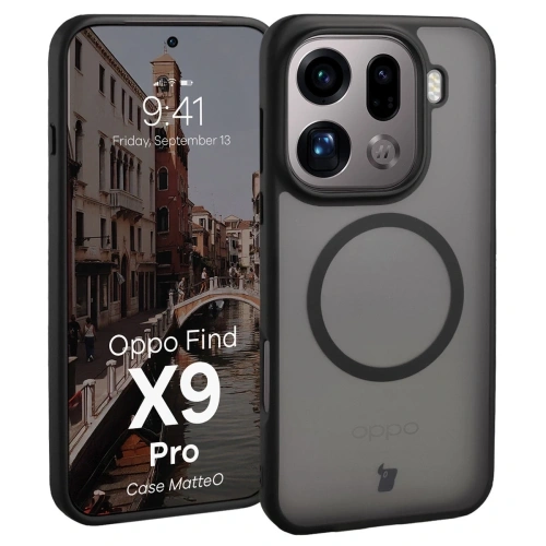 Etui z pierścieniem magnetycznym + szkło hartowane Bizon MatteO Pack do Oppo Find X9 Pro przydymione-czarne