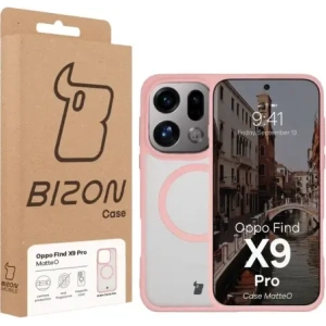 Etui z pierścieniem magnetycznym + szkło hartowane Bizon MatteO Pack do Oppo Find X9 Pro przydymione-jasnoróżowe