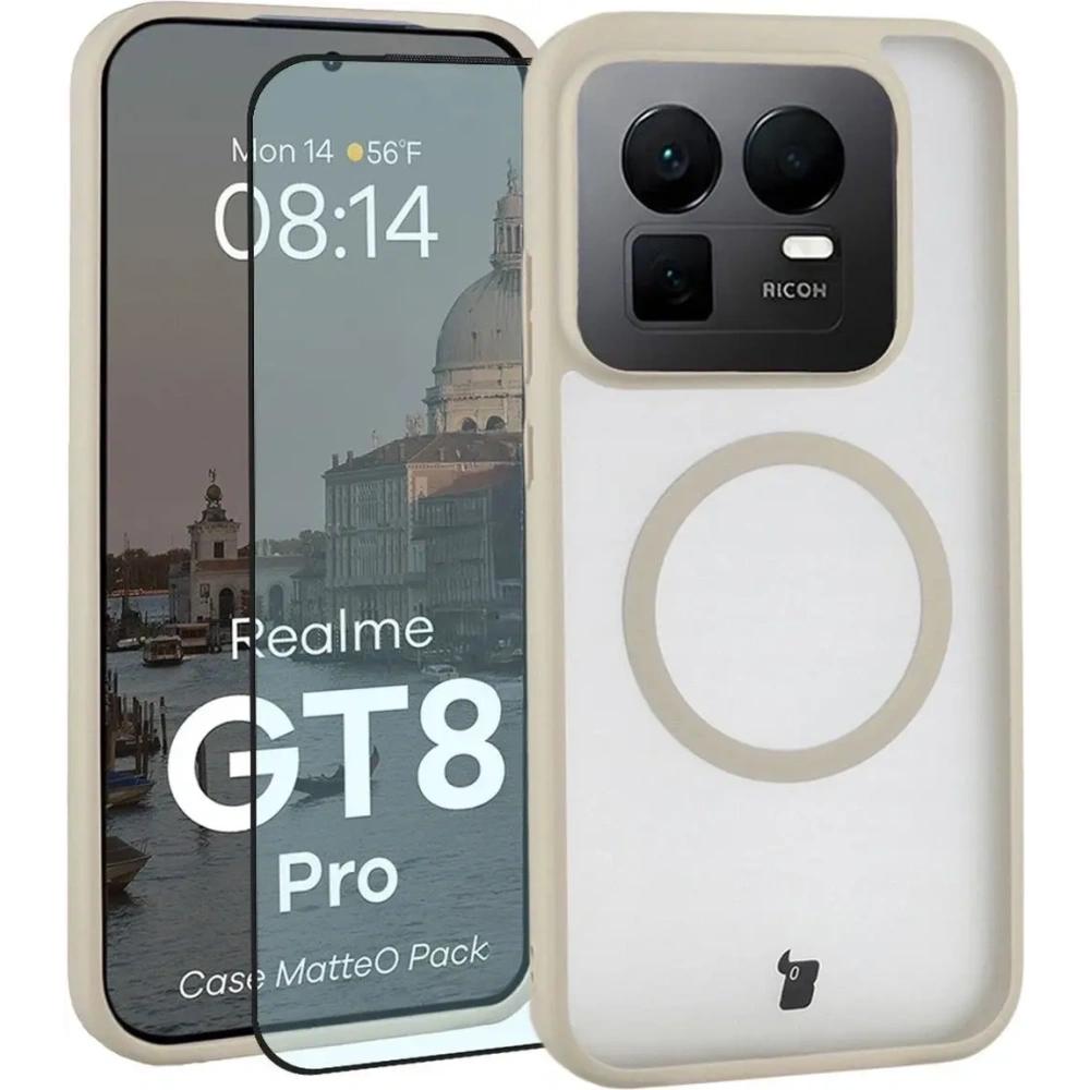 Etui z pierścieniem magnetycznym + szkło hartowane Bizon MatteO Pack do Realme GT 8 Pro przydymione-beżowe