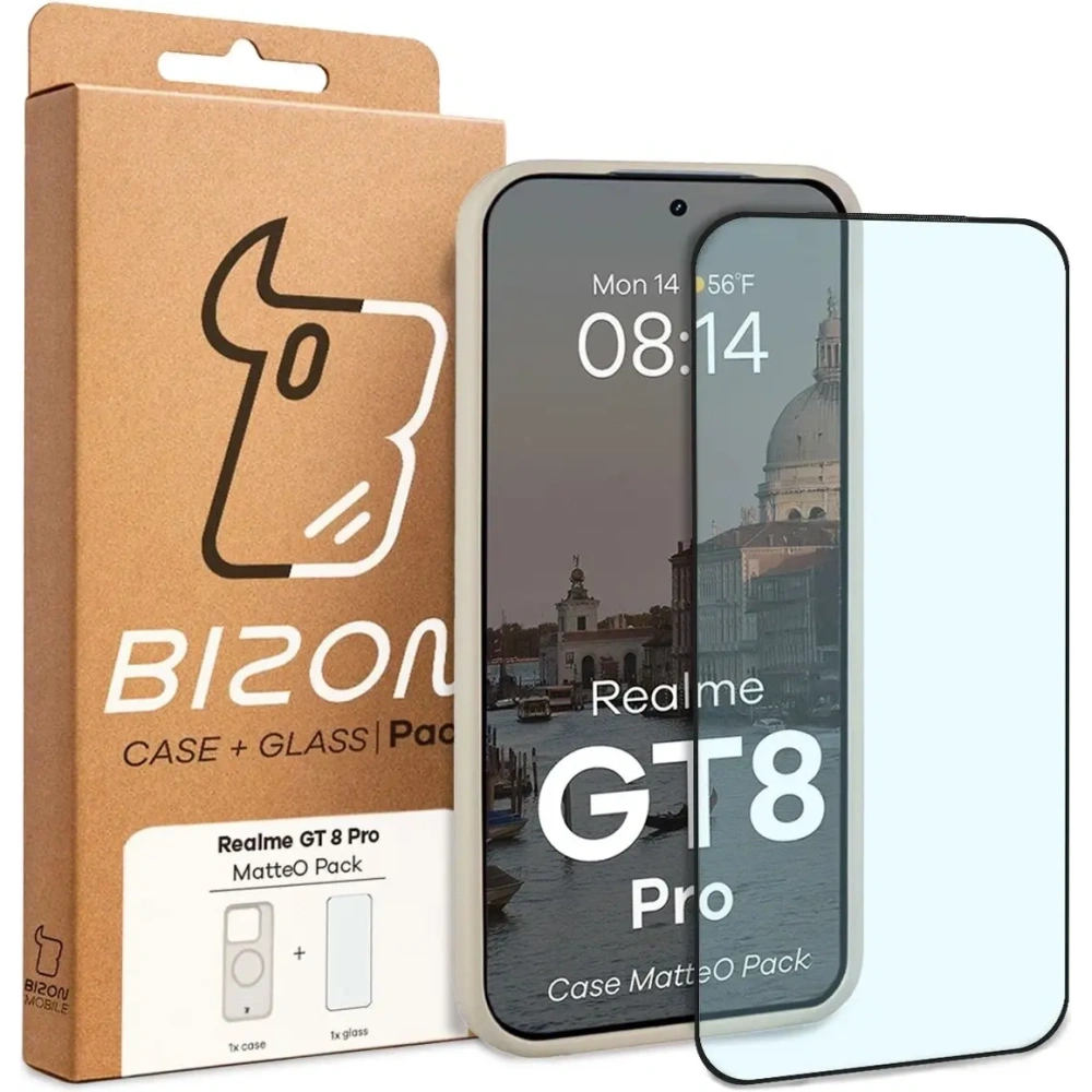 Etui z pierścieniem magnetycznym + szkło hartowane Bizon MatteO Pack do Realme GT 8 Pro przydymione-beżowe