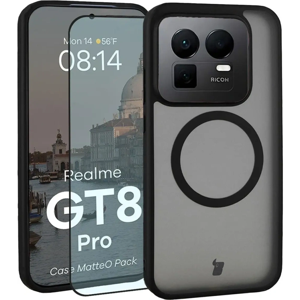 Etui z pierścieniem magnetycznym + szkło hartowane Bizon MatteO Pack do Realme GT 8 Pro przydymione-czarne