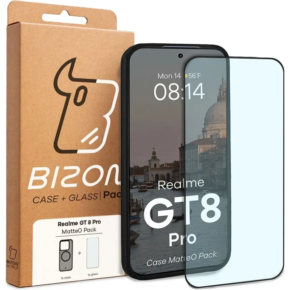 Etui z pierścieniem magnetycznym + szkło hartowane Bizon MatteO Pack do Realme GT 8 Pro przydymione-czarne