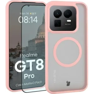 Etui z pierścieniem magnetycznym + szkło hartowane Bizon MatteO Pack do Realme GT 8 Pro przydymione-jasnoróżowe