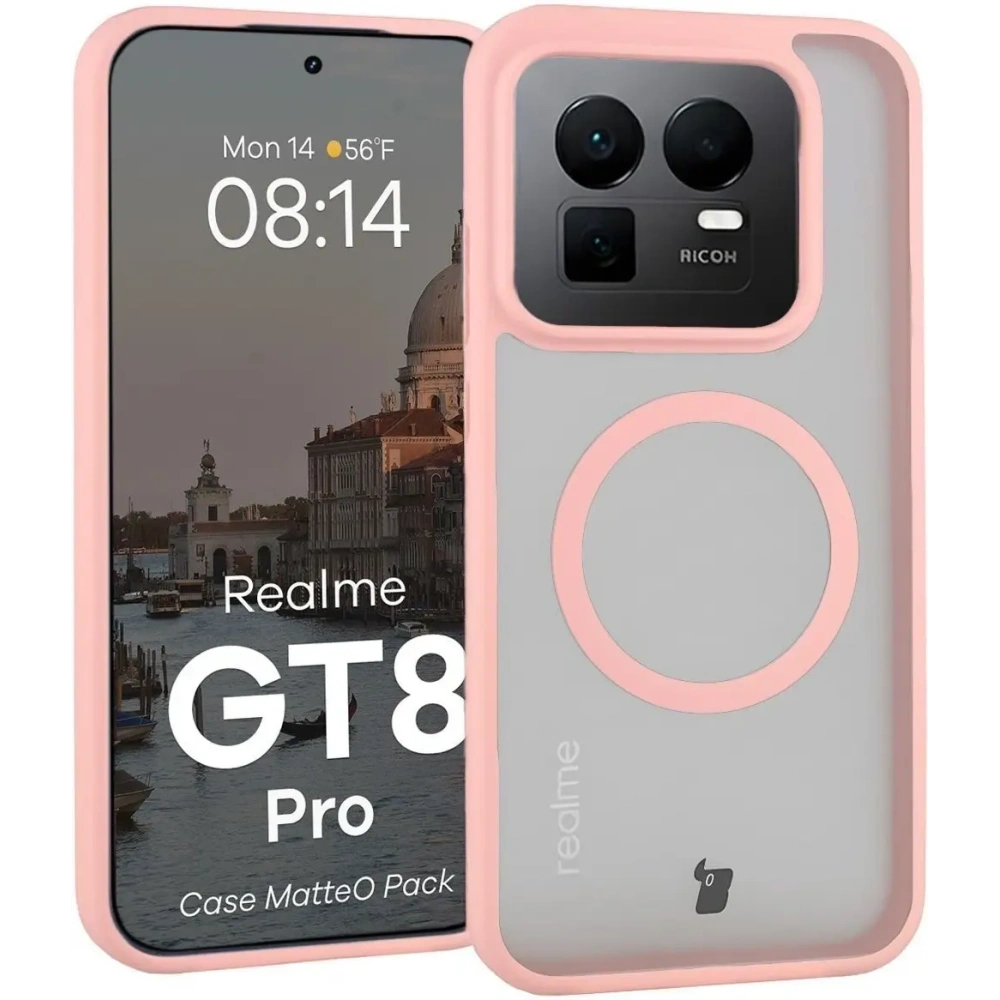 Etui z pierścieniem magnetycznym + szkło hartowane Bizon MatteO Pack do Realme GT 8 Pro przydymione-jasnoróżowe