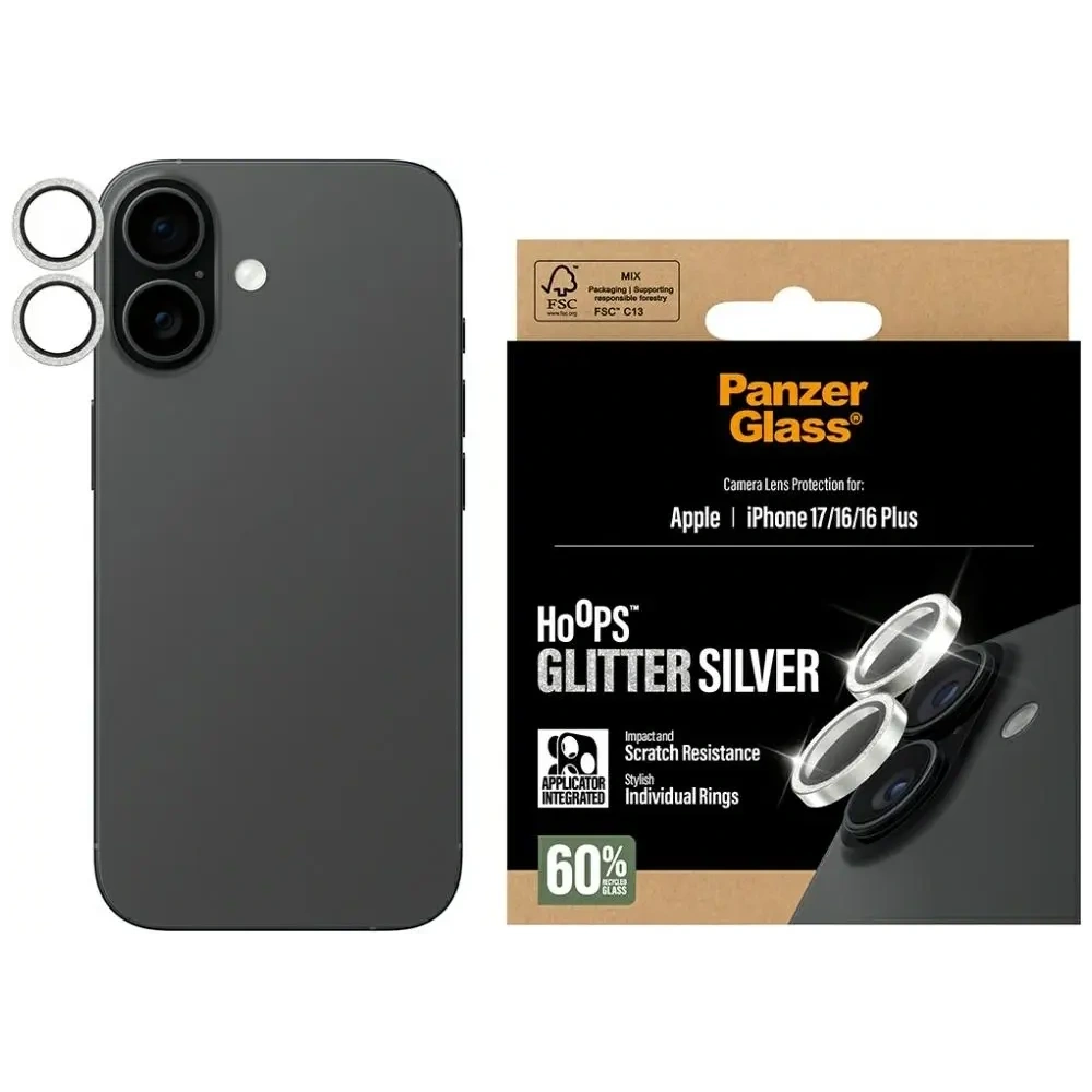 Szkło hartowane na obiektyw PanzerGlass Hoops Glitter do Apple iPhone 17 / 16 / 16 Plus srebrny