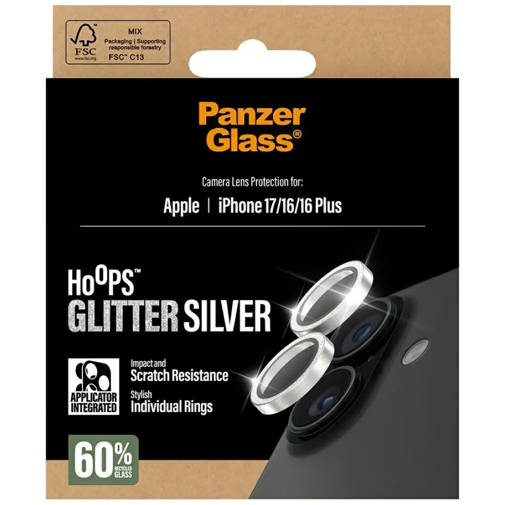 Szkło hartowane na obiektyw PanzerGlass Hoops Glitter do Apple iPhone 17 / 16 / 16 Plus srebrny