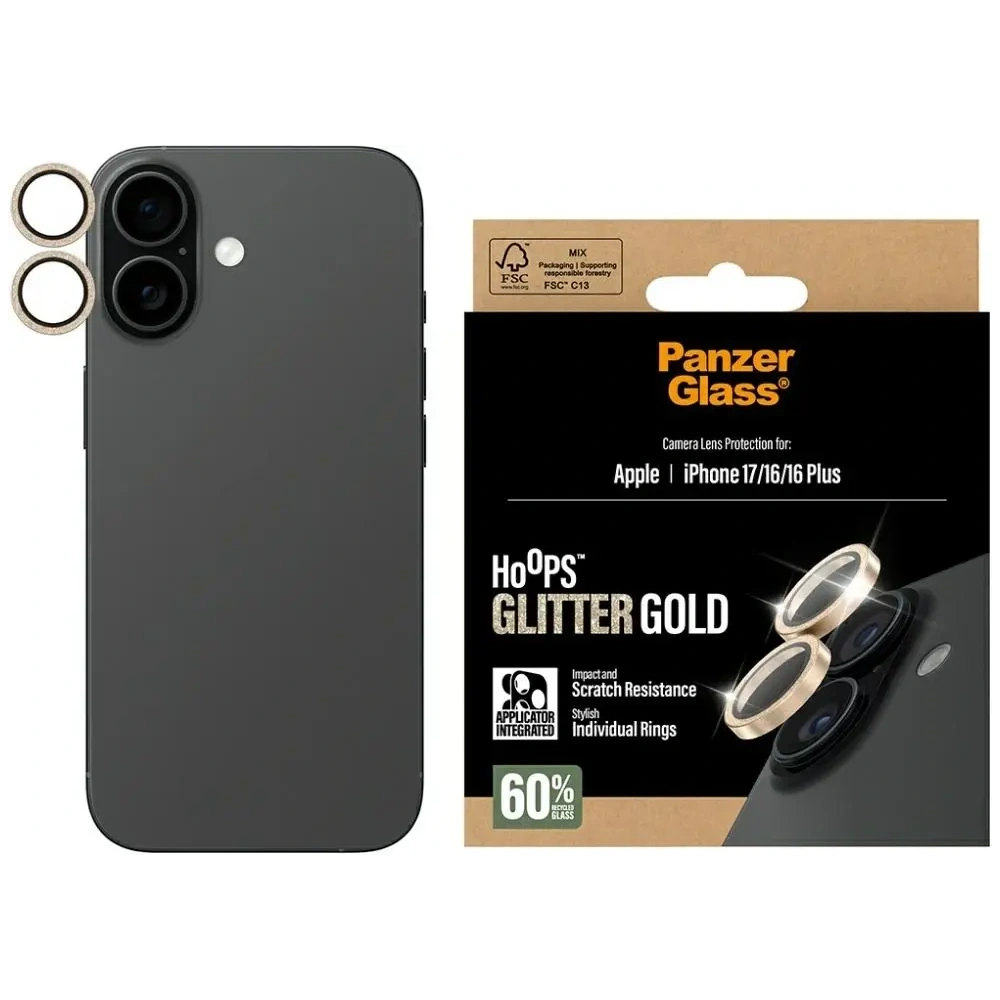 Szkło hartowane na obiektyw PanzerGlass Hoops Glitter do Apple iPhone 17 / 16 / 16 Plus złoty