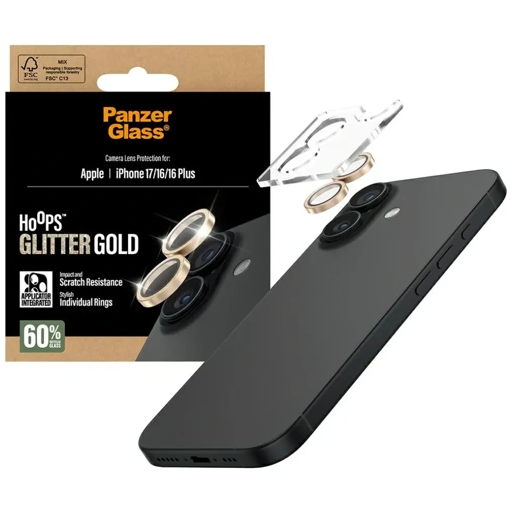 Szkło hartowane na obiektyw PanzerGlass Hoops Glitter do Apple iPhone 17 / 16 / 16 Plus złoty
