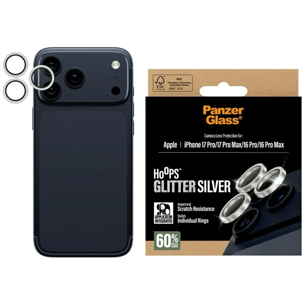 Szkło hartowane na obiektyw PanzerGlass Hoops Glitter do Apple iPhone 17 Pro / 17 Pro Max / 16 Pro / 16 Pro Max srebrny