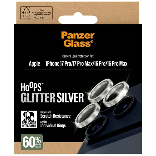 Szkło hartowane na obiektyw PanzerGlass Hoops Glitter do Apple iPhone 17 Pro / 17 Pro Max / 16 Pro / 16 Pro Max srebrny