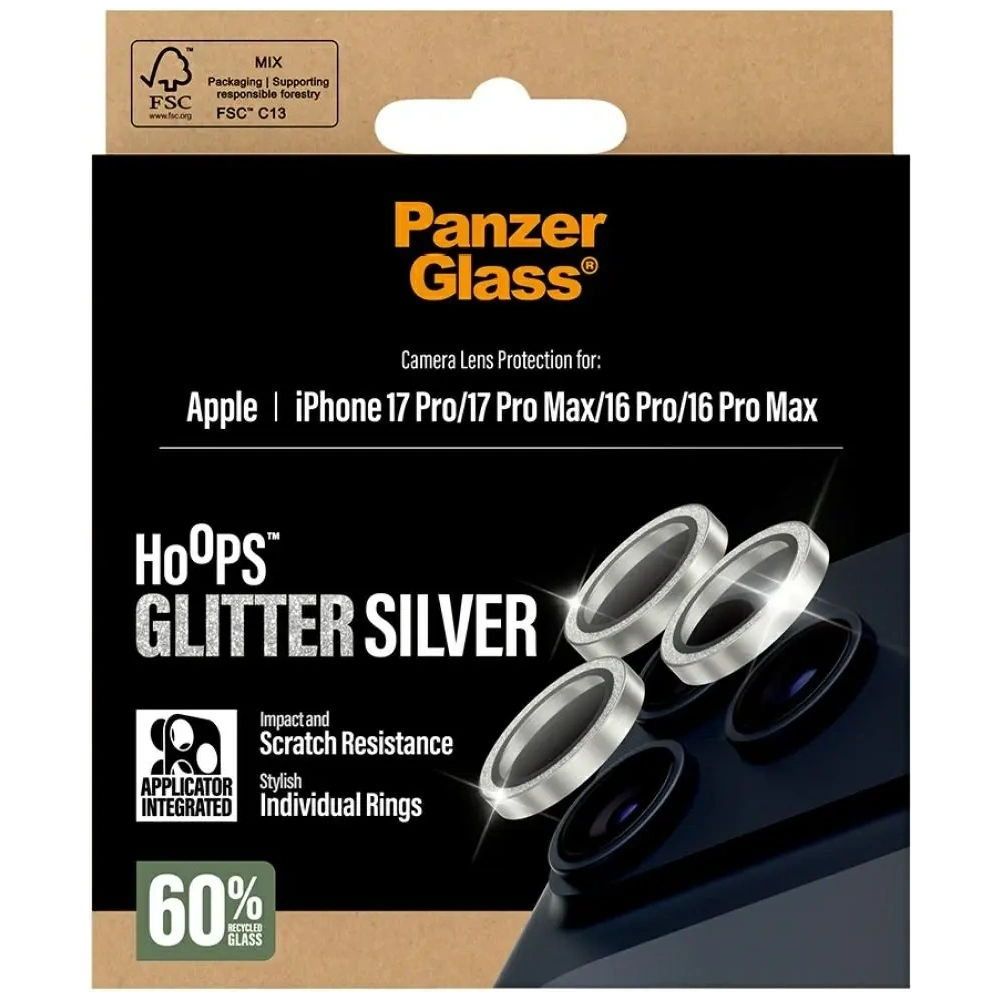 Szkło hartowane na obiektyw PanzerGlass Hoops Glitter do Apple iPhone 17 Pro / 17 Pro Max / 16 Pro / 16 Pro Max srebrny