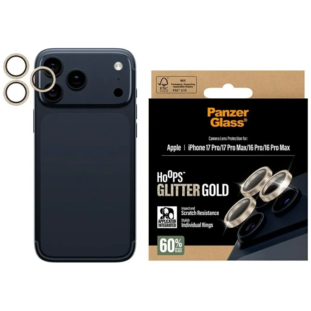 Szkło hartowane na obiektyw PanzerGlass Hoops Glitter do Apple iPhone 17 Pro / 17 Pro Max / 16 Pro / 16 Pro Max złoty