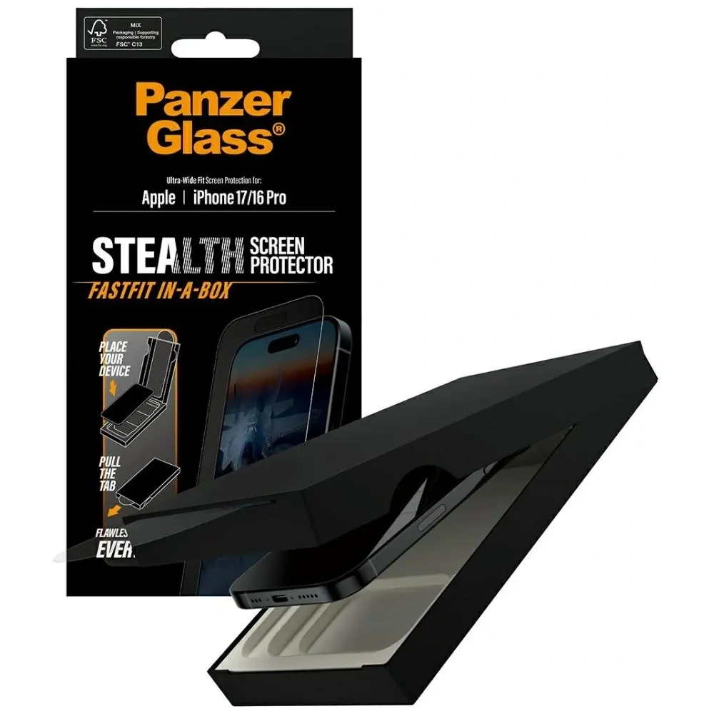 Szkło hartowane PanzerGlass Stealth Ultra-Wide Fit Fastfit do Apple iPhone 17 / 16 Pro