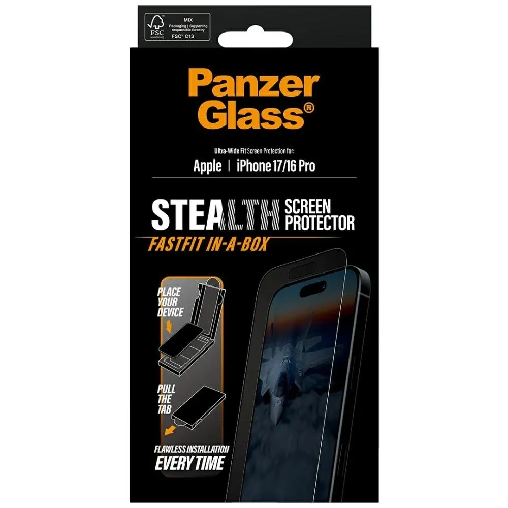 Szkło hartowane PanzerGlass Stealth Ultra-Wide Fit Fastfit do Apple iPhone 17 / 16 Pro