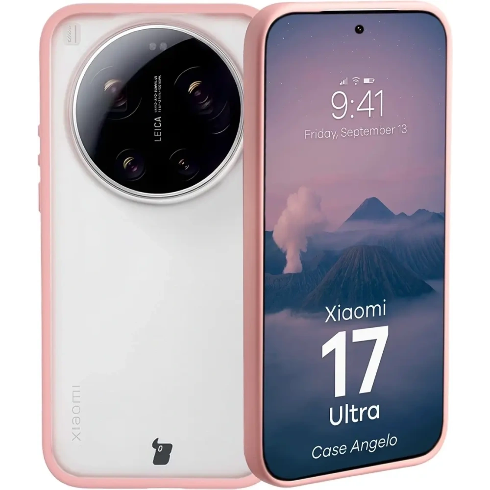 Etui Bizon Case Angelo do Xiaomi 17 Ultra półprzezroczyste z jasnoróżową ramką