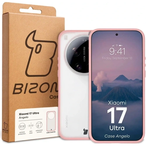 Etui Bizon Case Angelo do Xiaomi 17 Ultra półprzezroczyste z jasnoróżową ramką